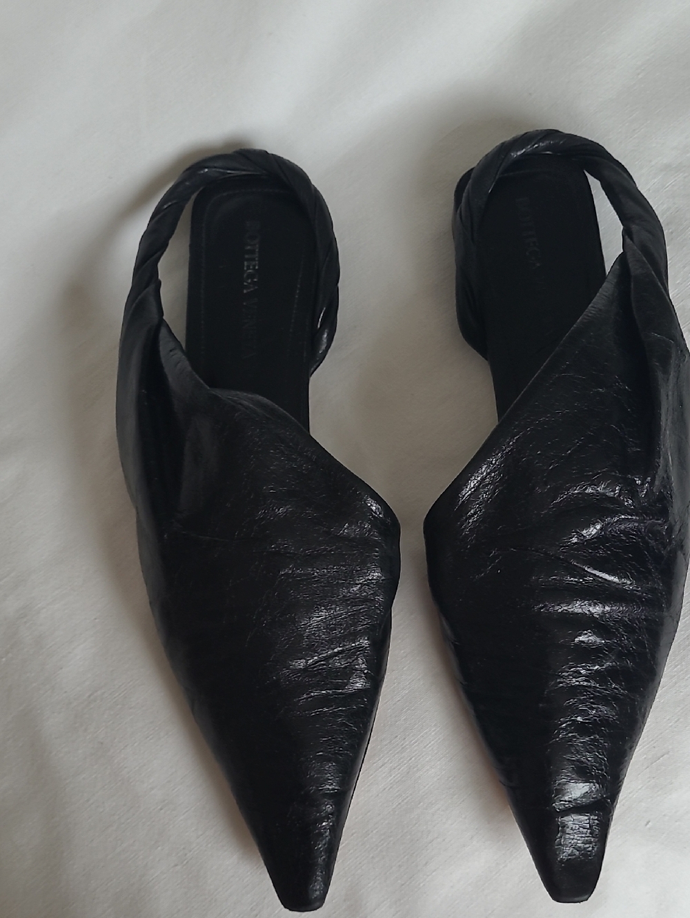 Bottega Veneta Black Pointed Leather Slingback Mules